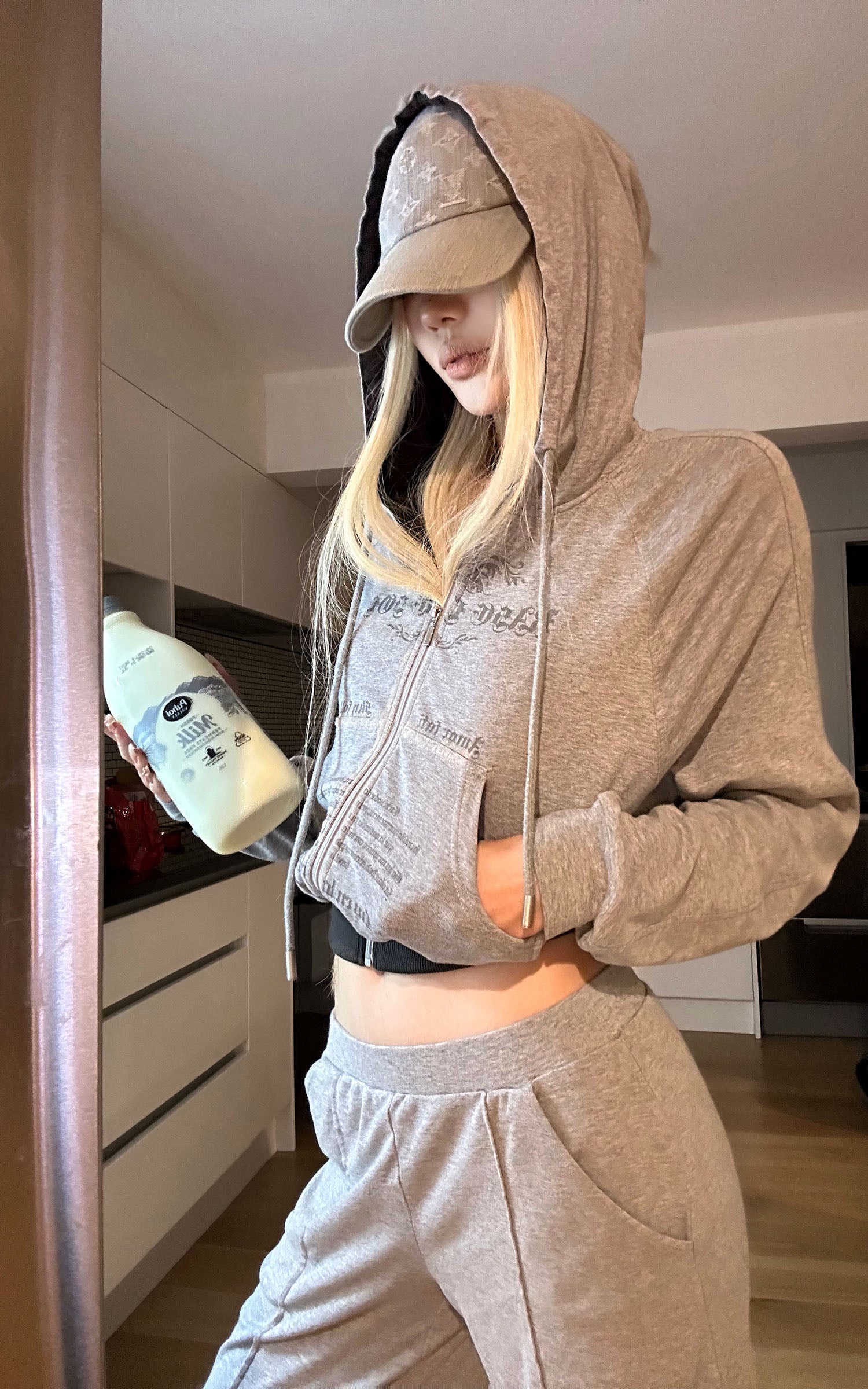 Rase le sol Sweat à capuche zippé imprimé &amp; Ensemble pantalon de survêtement à jambe large