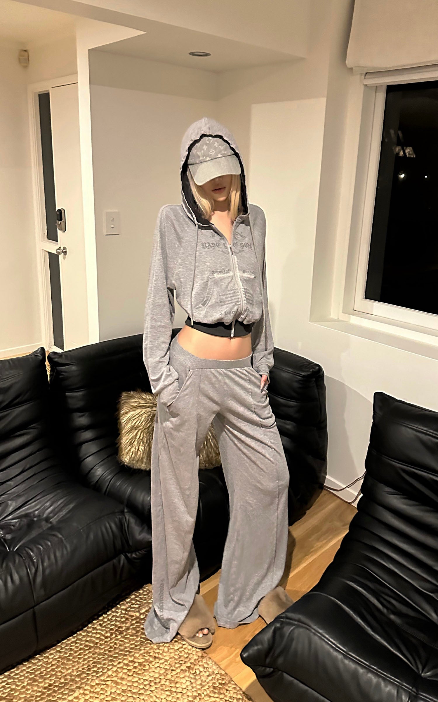 Rase le sol Sweat à capuche zippé imprimé &amp; Ensemble pantalon de survêtement à jambe large