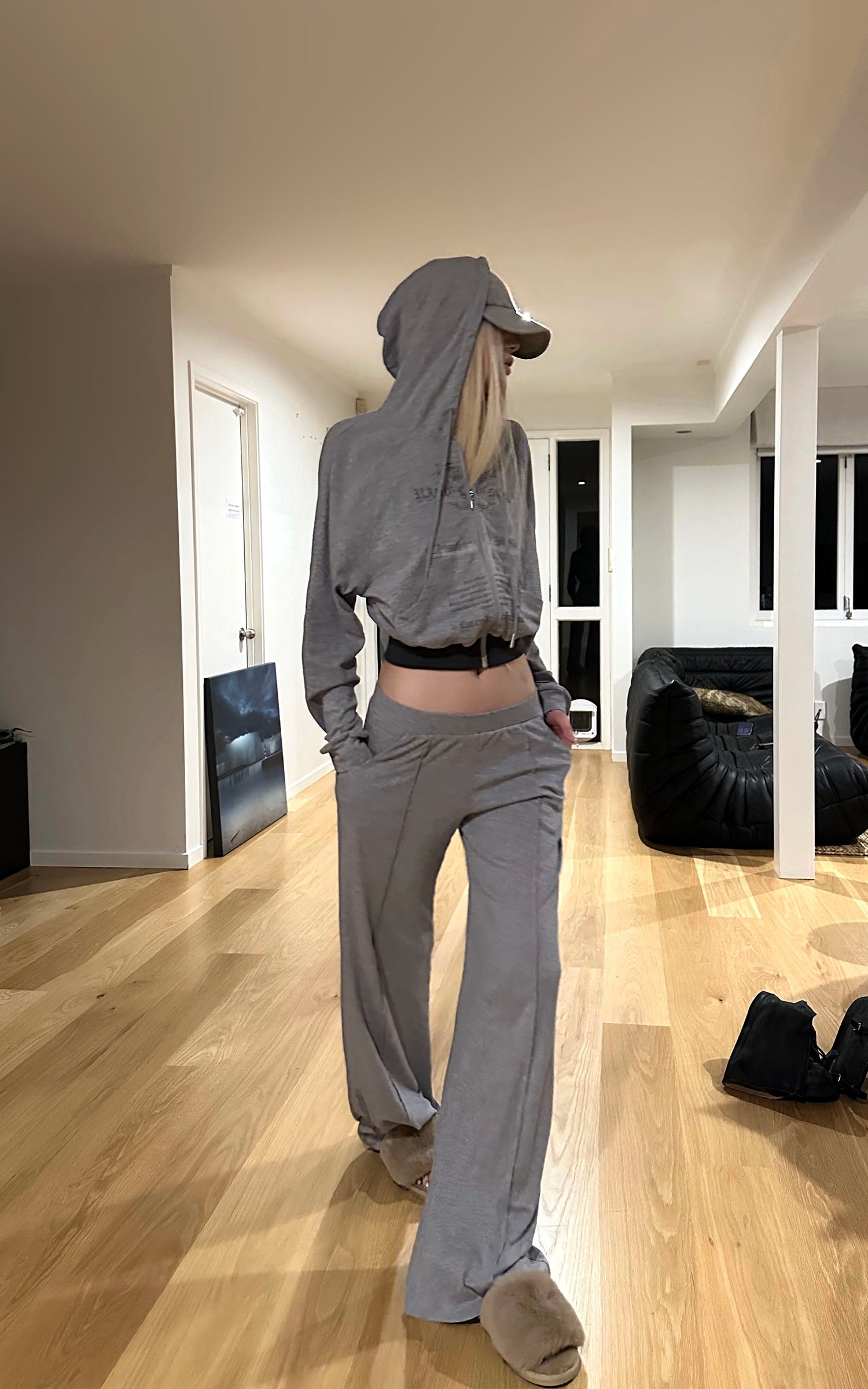 Rase le sol Sweat à capuche zippé imprimé &amp; Ensemble pantalon de survêtement à jambe large