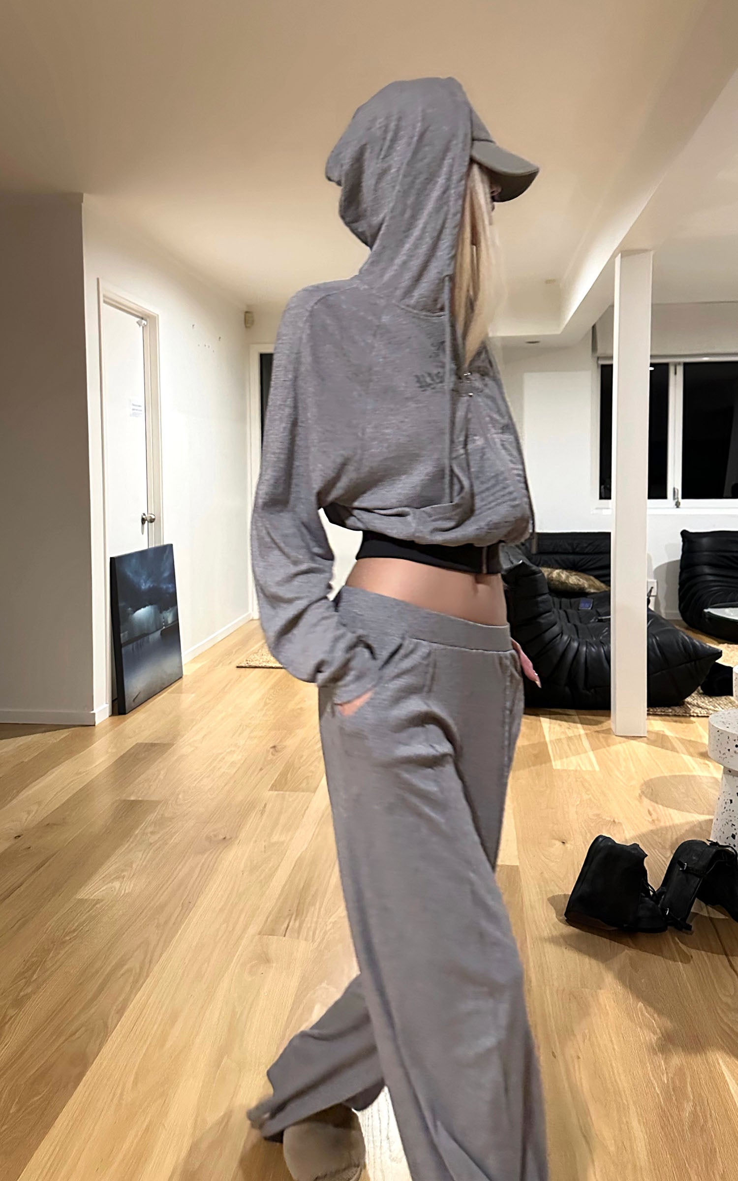Rase le sol Sweat à capuche zippé imprimé &amp; Ensemble pantalon de survêtement à jambe large