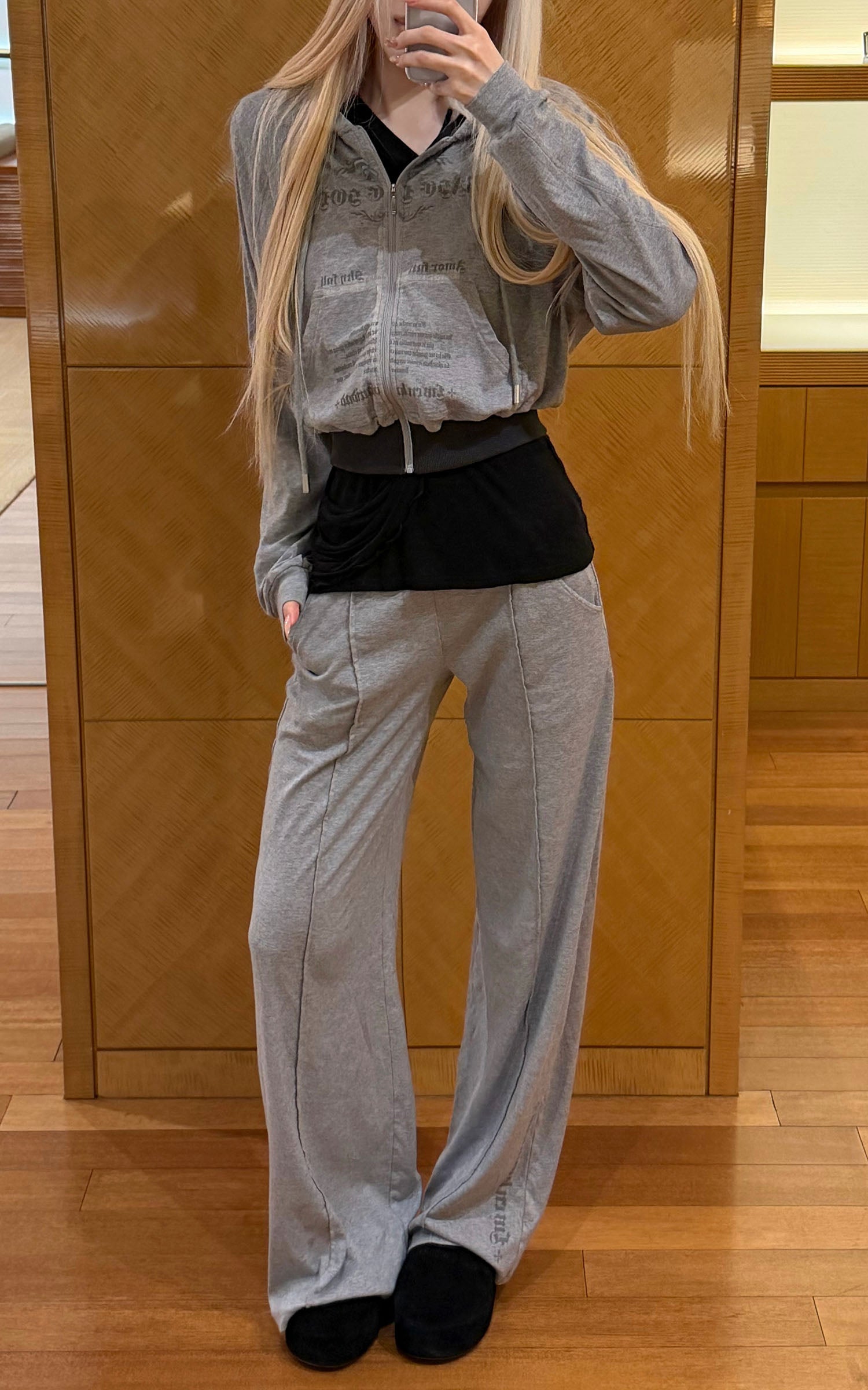 Rase le sol Sweat à capuche zippé imprimé &amp; Ensemble pantalon de survêtement à jambe large
