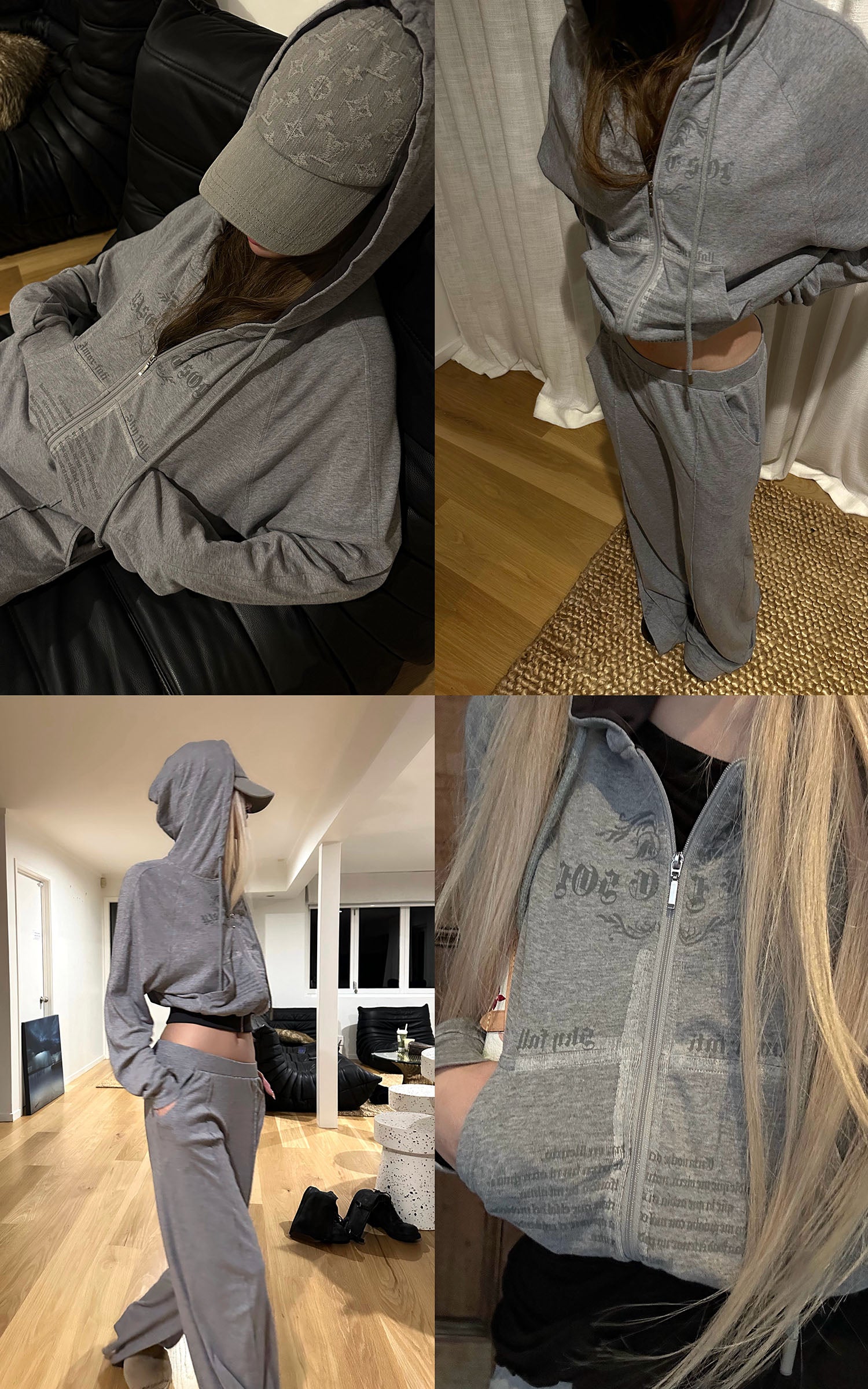 Rase le sol Sweat à capuche zippé imprimé &amp; Ensemble pantalon de survêtement à jambe large