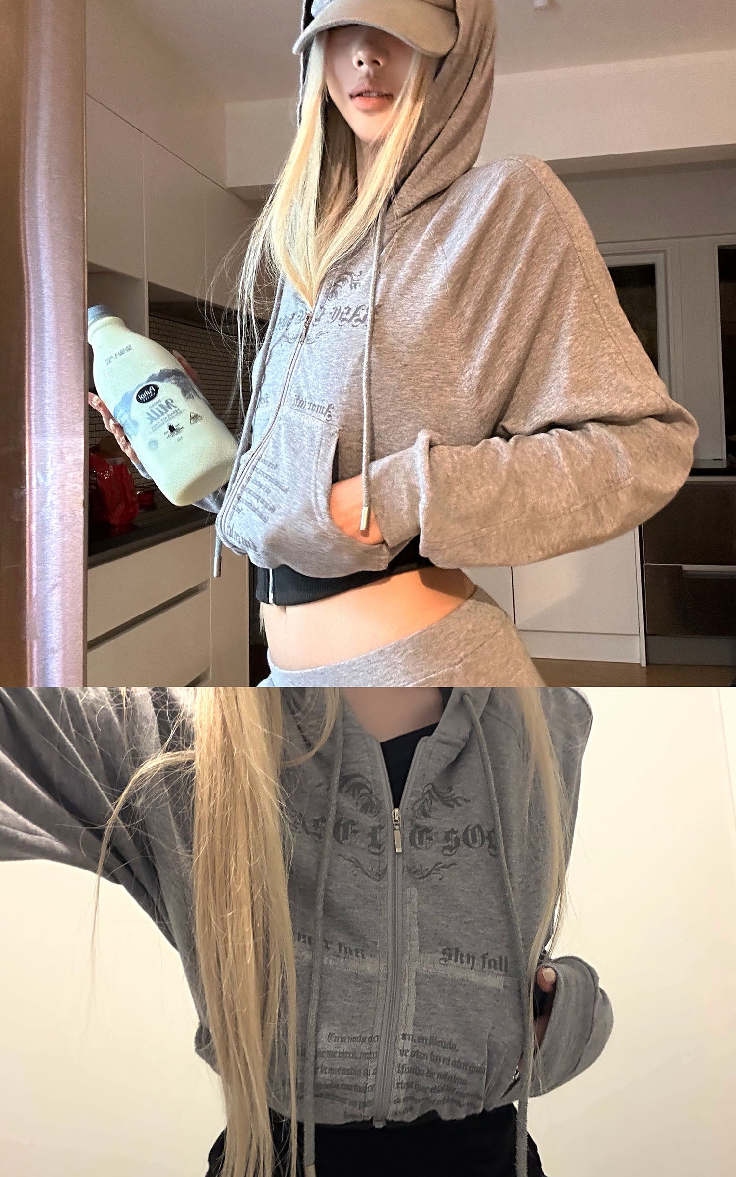 Rase le sol Sweat à capuche zippé imprimé &amp; Ensemble pantalon de survêtement à jambe large
