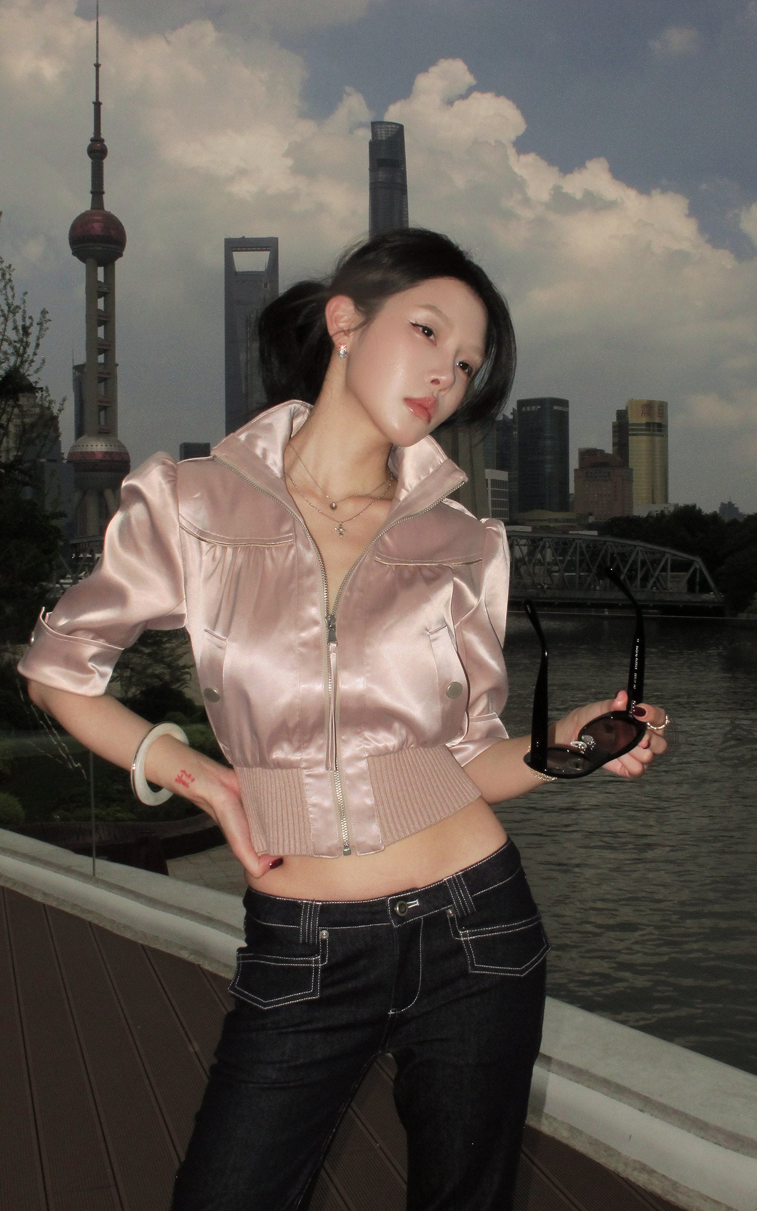 Hydrae Satin Gathered Cropped Zip Jacket