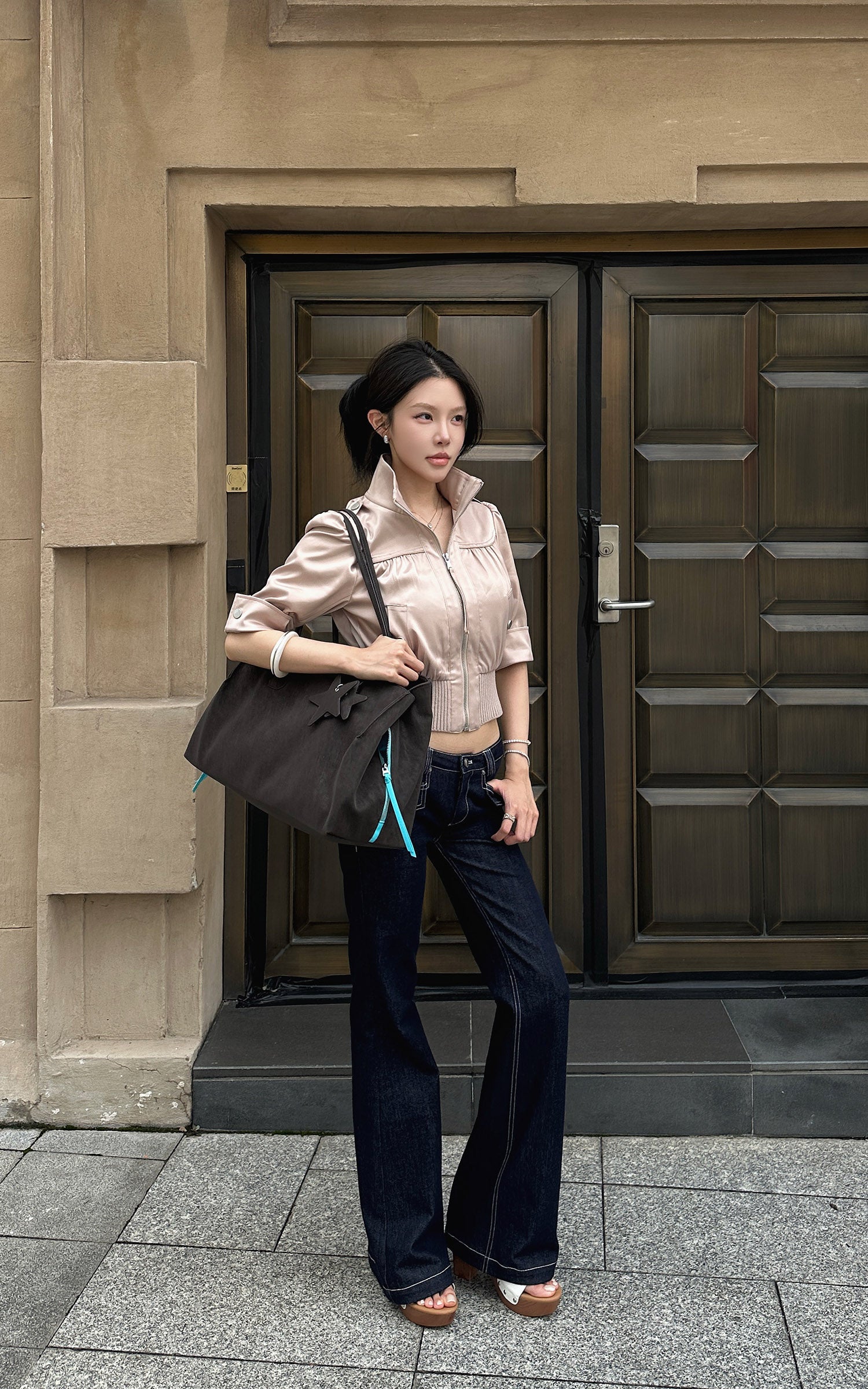 Hydrae Satin Gathered Cropped Zip Jacket