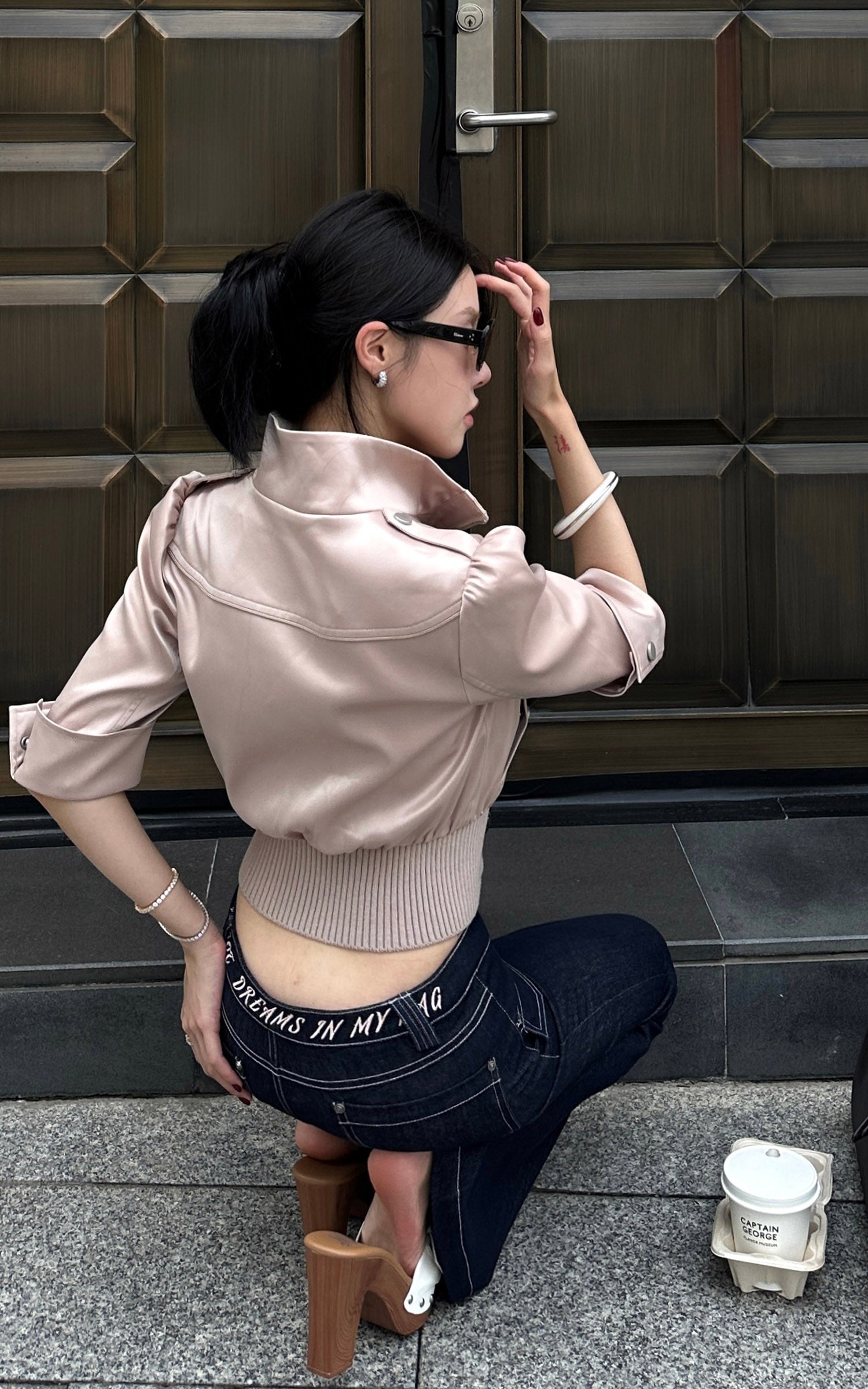 Hydrae Satin Gathered Cropped Zip Jacket