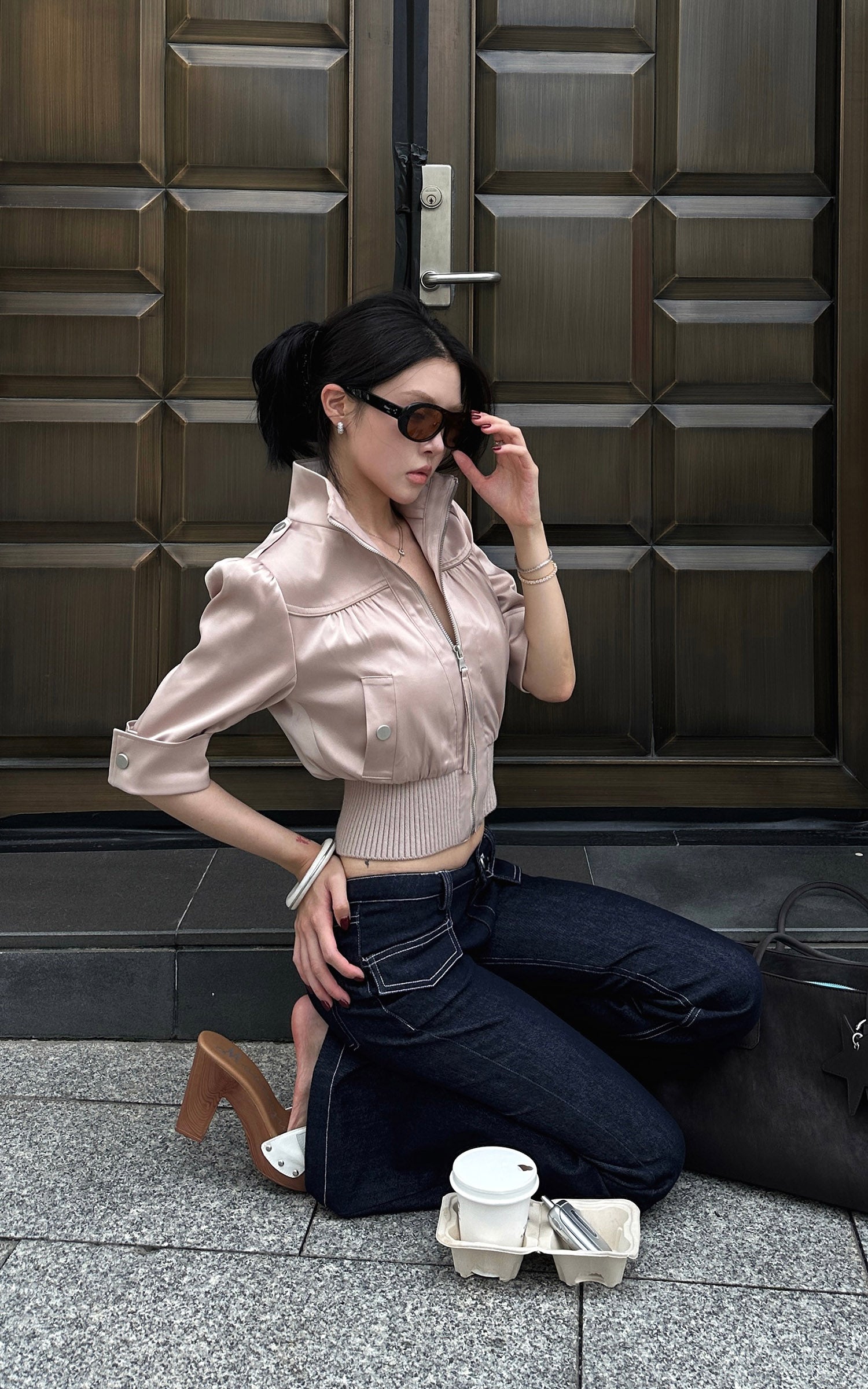 Hydrae Satin Gathered Cropped Zip Jacket