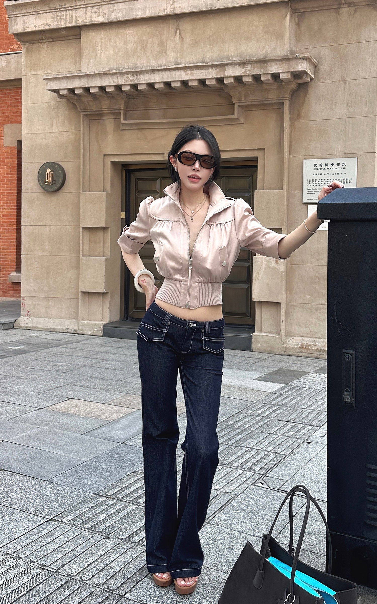 Hydrae Satin Gathered Cropped Zip Jacket
