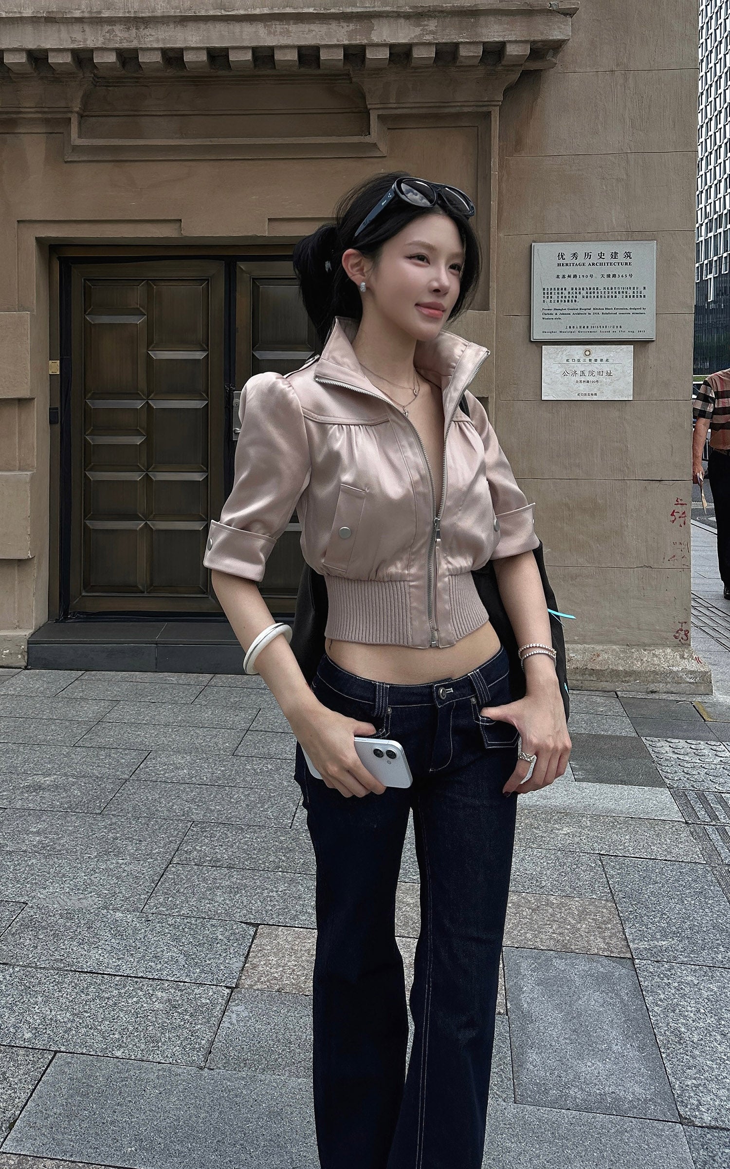 Hydrae Satin Gathered Cropped Zip Jacket