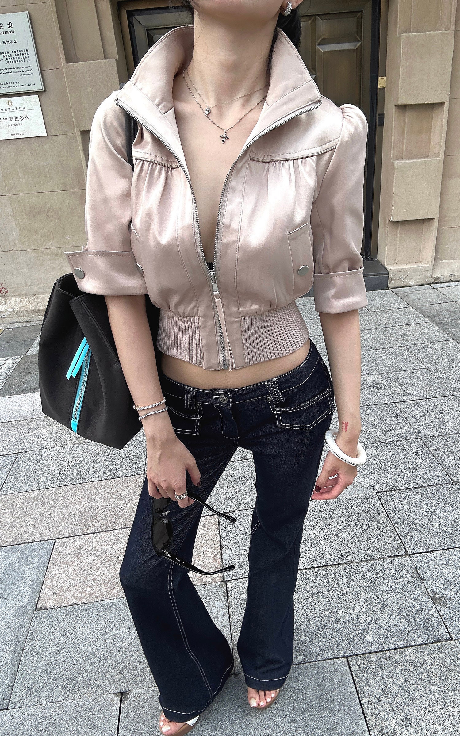 Hydrae Satin Gathered Cropped Zip Jacket