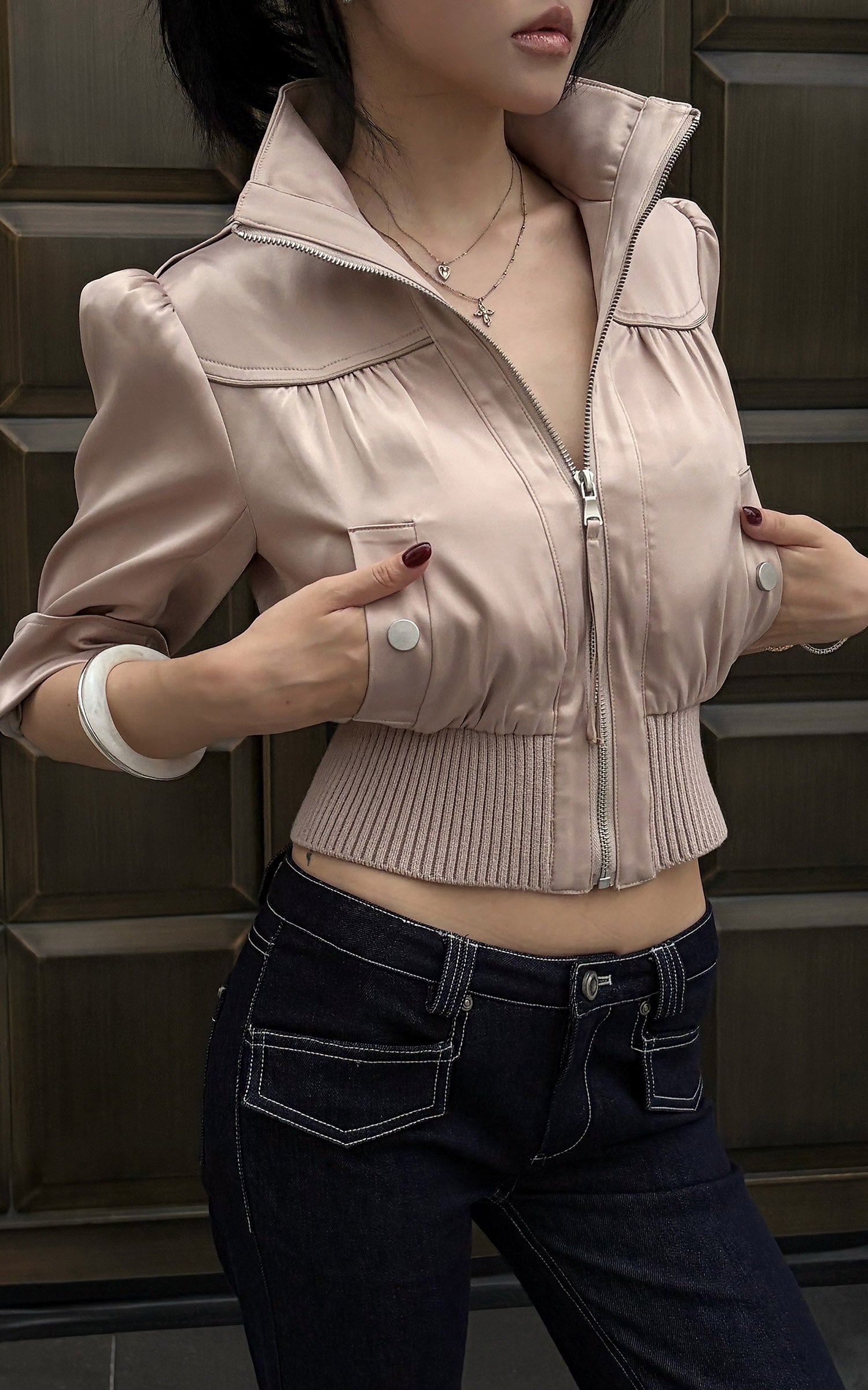 Hydrae Satin Gathered Cropped Zip Jacket