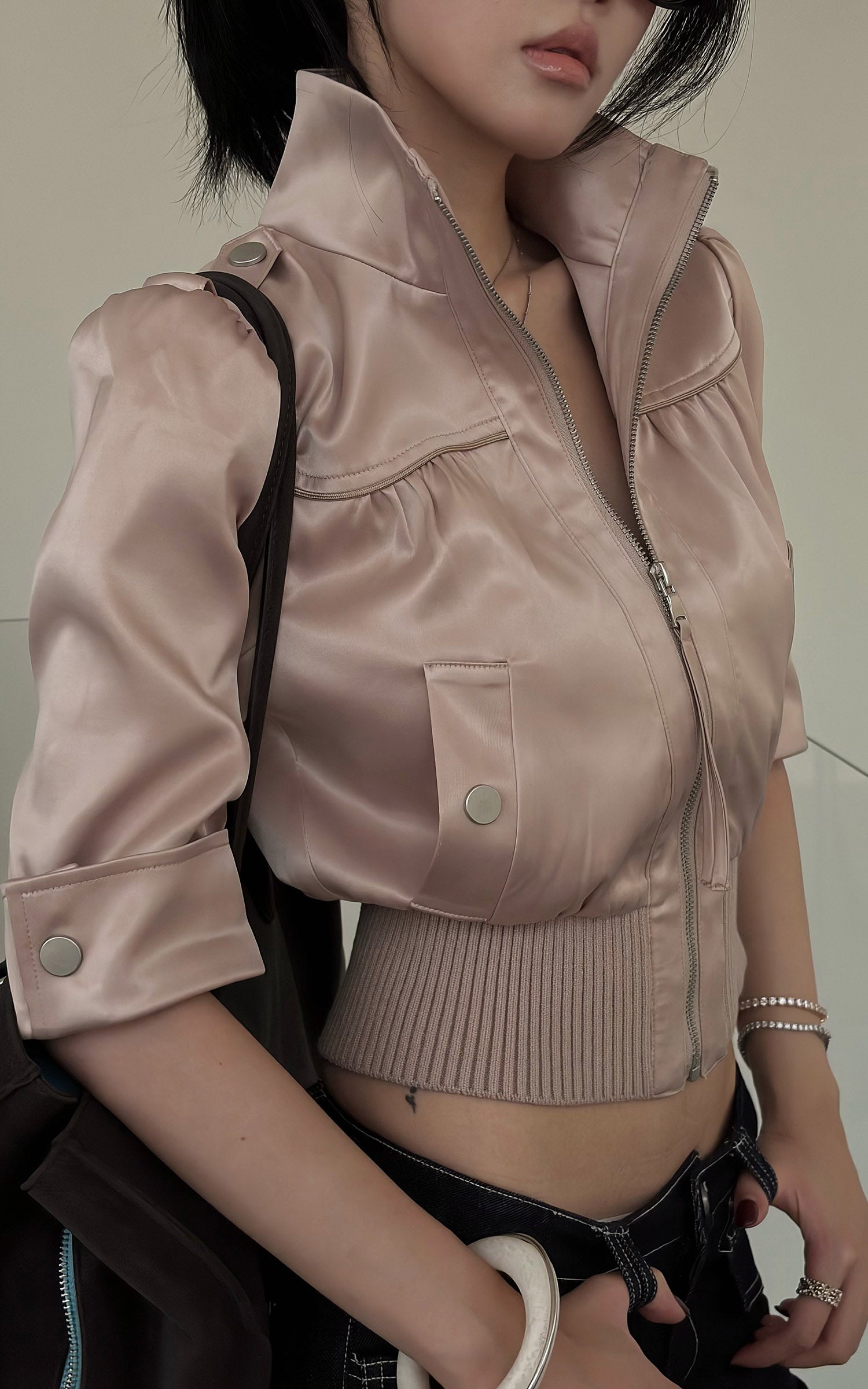 Hydrae Satin Gathered Cropped Zip Jacket
