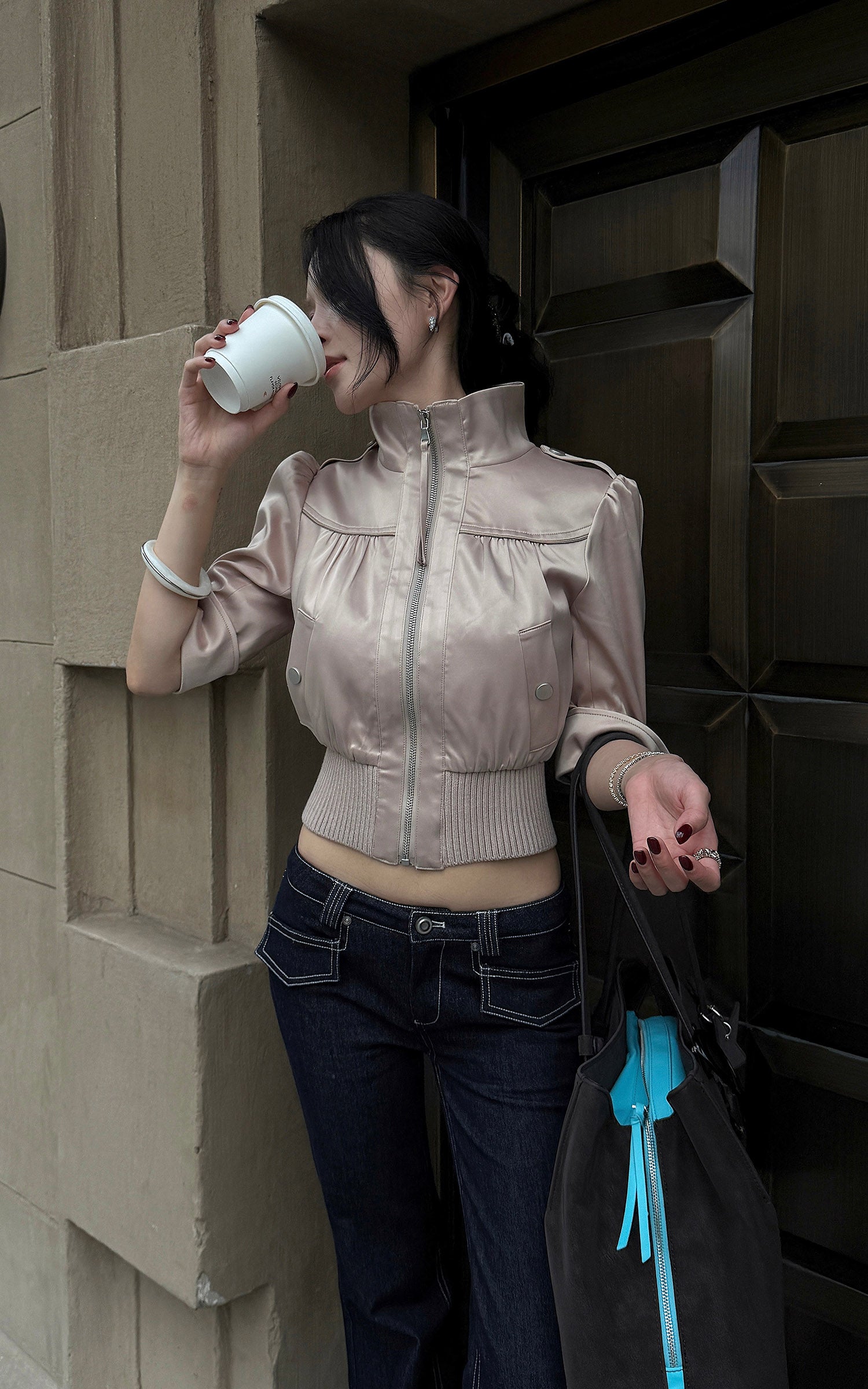 Hydrae Satin Gathered Cropped Zip Jacket