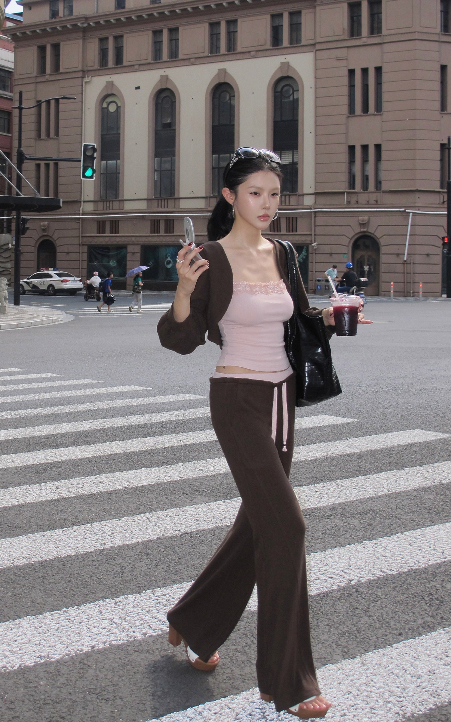 Hydrae Contrast Waist Low-Rise Flared Pants &amp; Cropped Bolero Cardigan Set