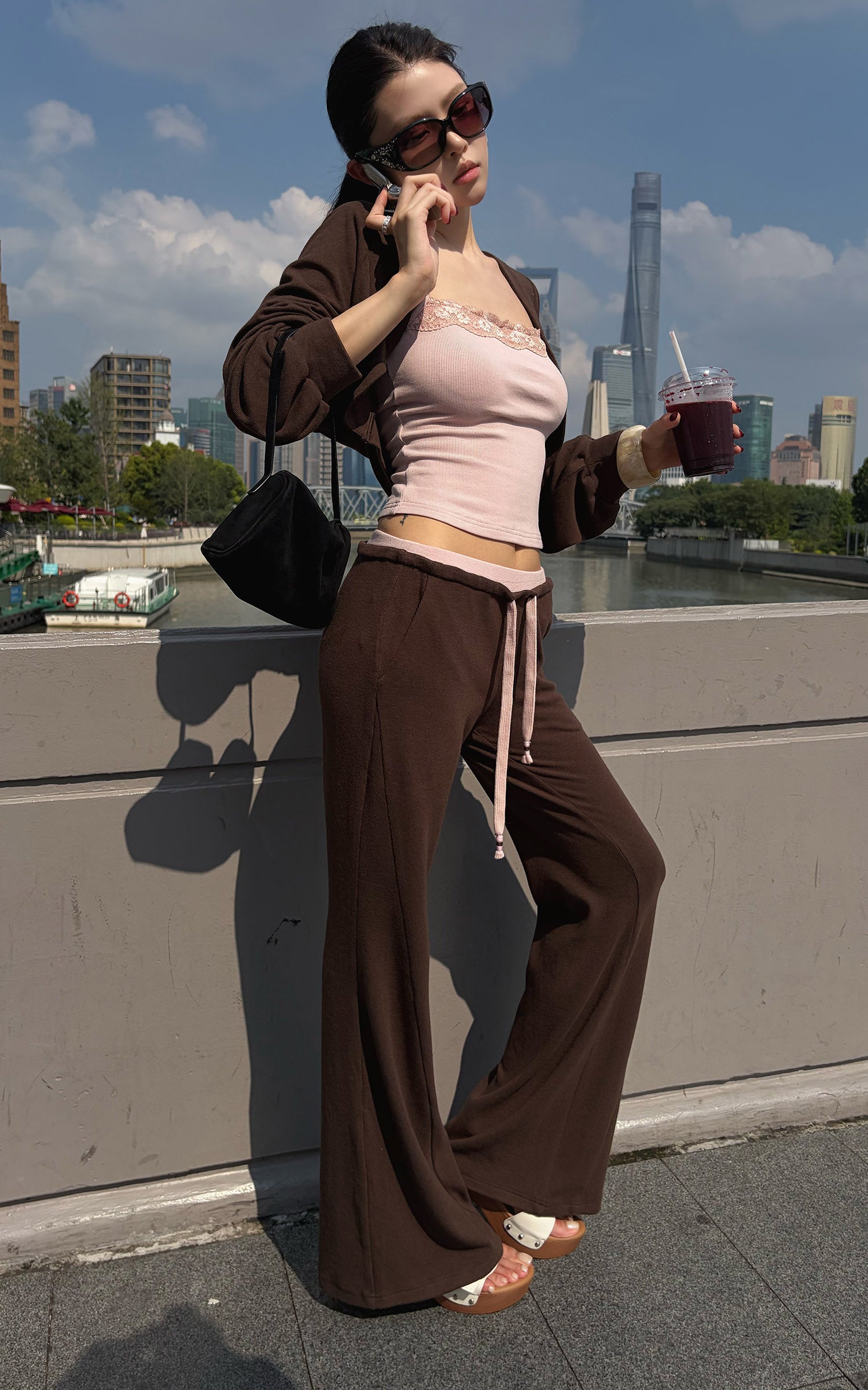 Hydrae Contrast Waist Low-Rise Flared Pants &amp; Cropped Bolero Cardigan Set