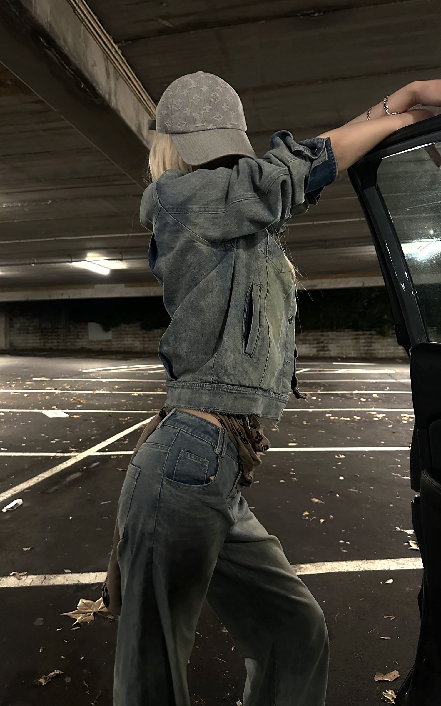 Rase le sol Veste en jean délavée &amp; Ensemble pantalon large