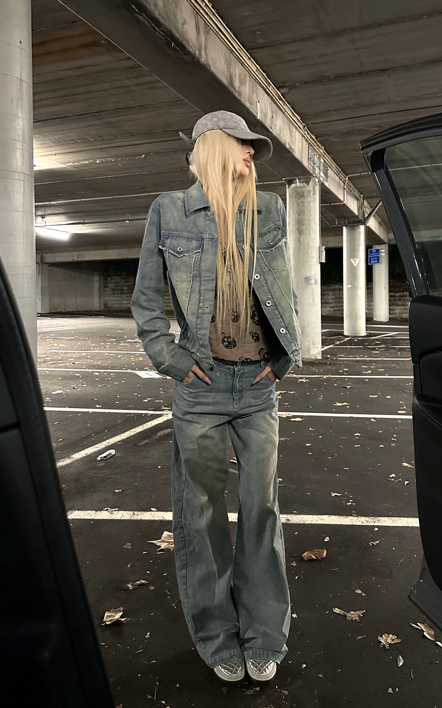 Rase le sol Veste en jean délavée &amp; Ensemble pantalon large