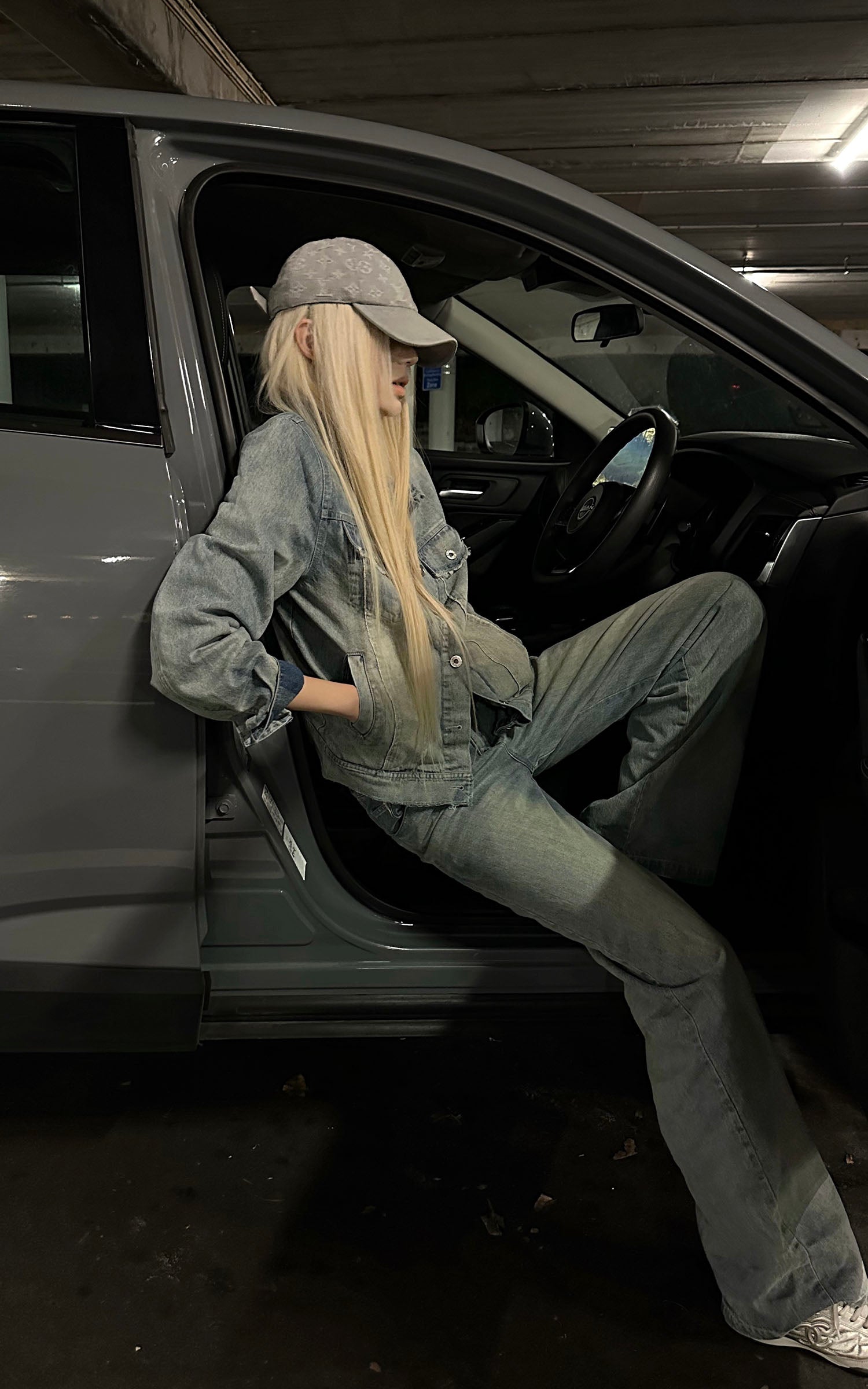 Rase le sol Veste en jean délavée &amp; Ensemble pantalon large