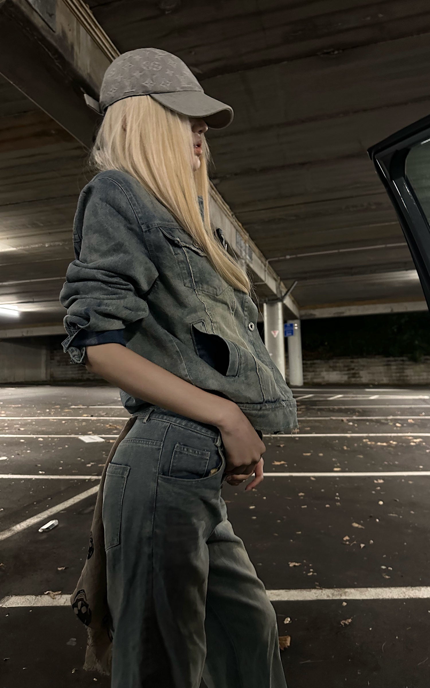 Rase le sol Veste en jean délavée &amp; Ensemble pantalon large