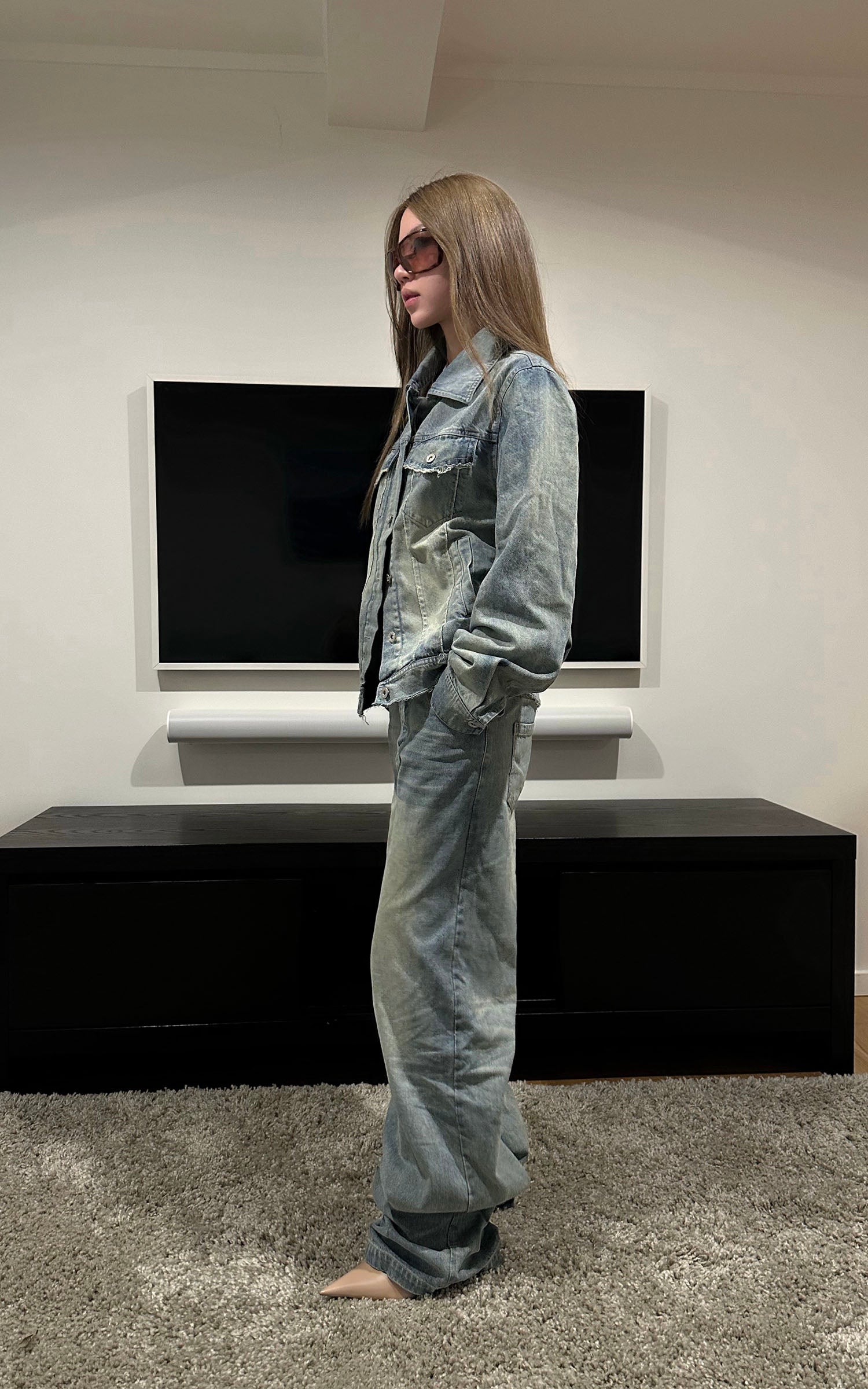 Rase le sol Veste en jean délavée &amp; Ensemble pantalon large
