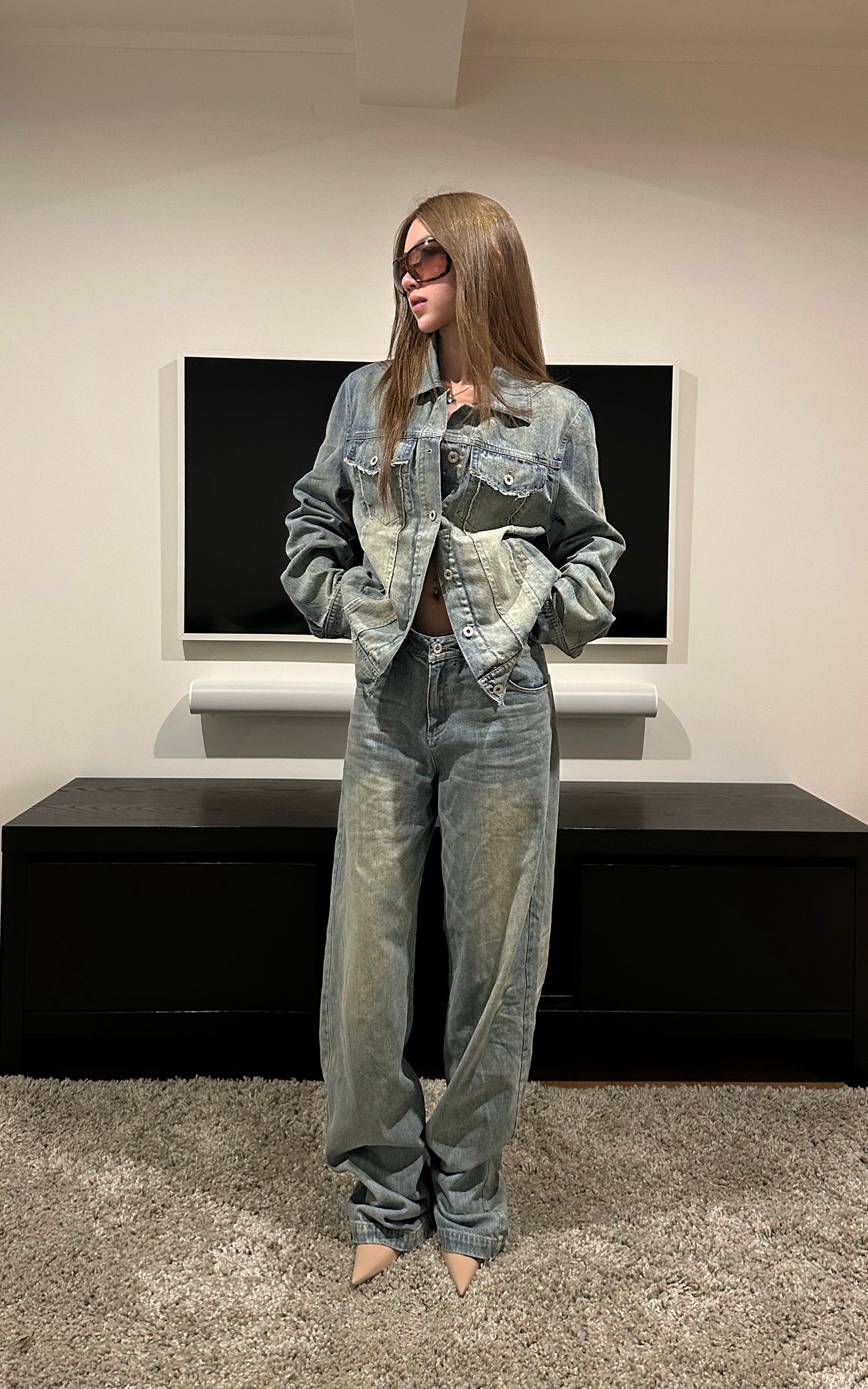 Rase le sol Veste en jean délavée &amp; Ensemble pantalon large