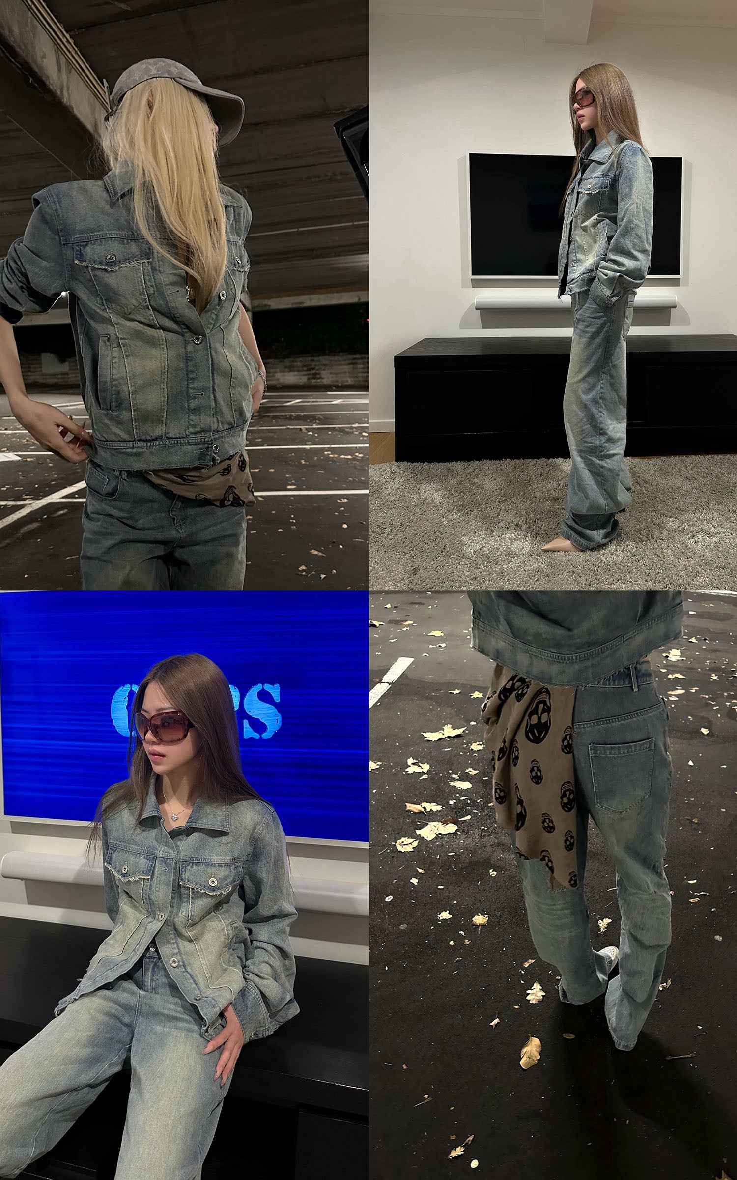 Rase le sol Veste en jean délavée &amp; Ensemble pantalon large