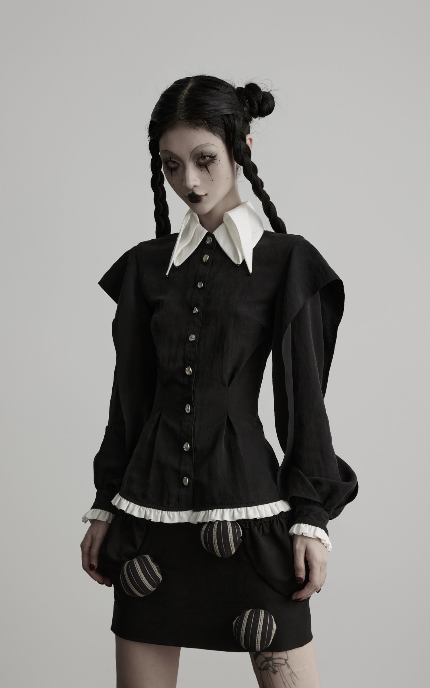 DOINDULGE Contrast Collar Puff Sleeve Blouse