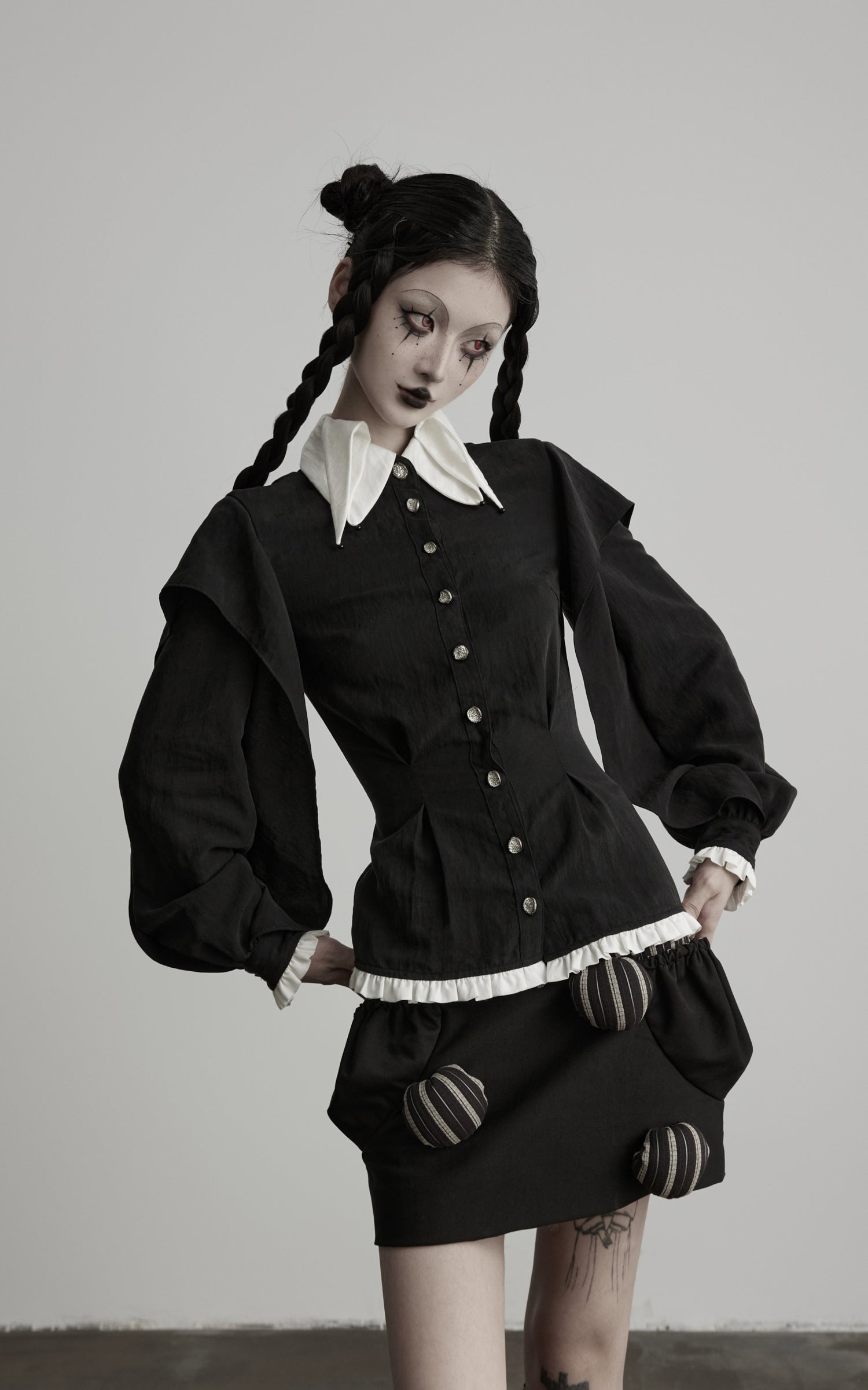 DOINDULGE Contrast Collar Puff Sleeve Blouse