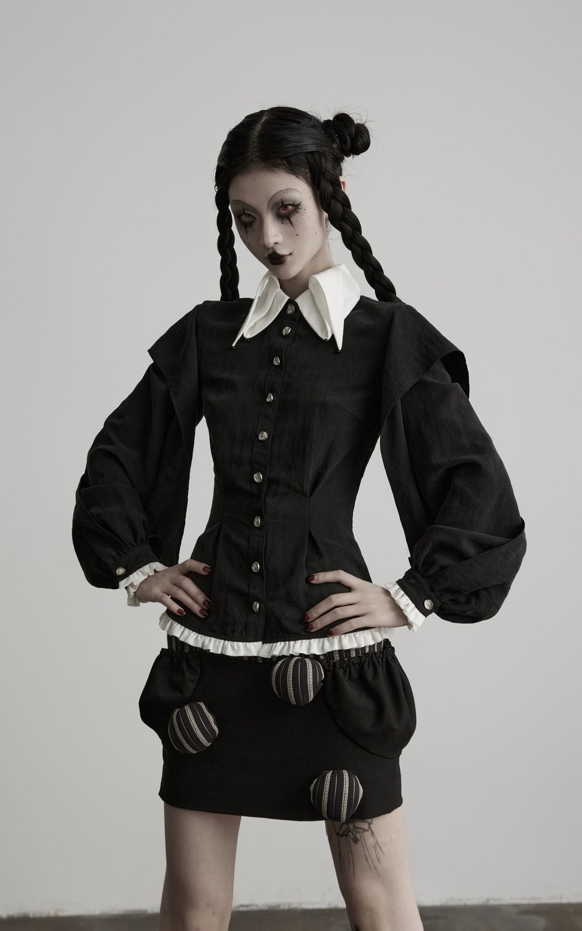 DOINDULGE Contrast Collar Puff Sleeve Blouse