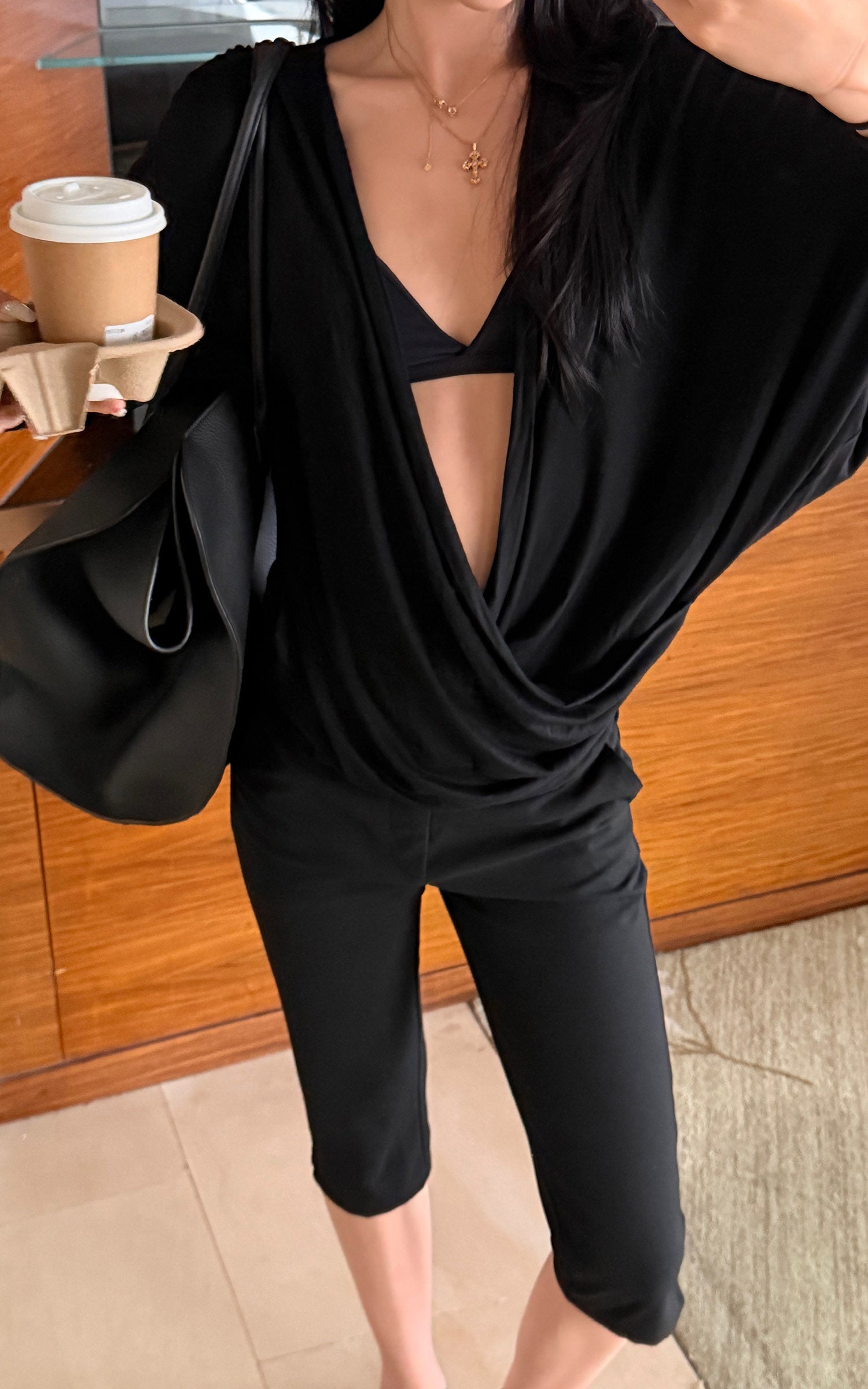ROVENTE Deep V Draped Asymmetric Long Sleeve Ruched Wrap Top