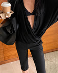 ROVENTE Deep V Draped Asymmetric Long Sleeve Ruched Wrap Top