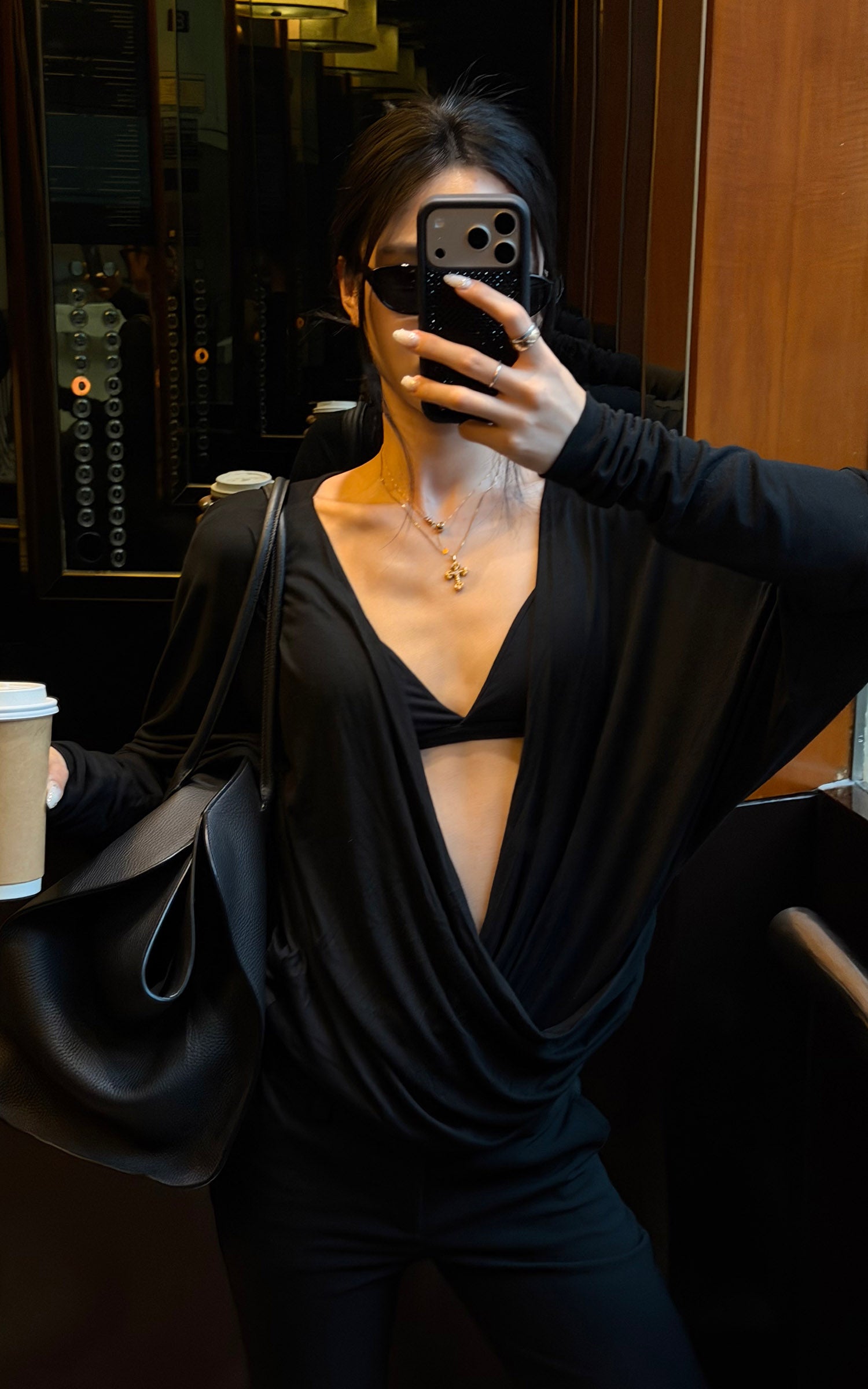 ROVENTE Deep V Draped Asymmetric Long Sleeve Ruched Wrap Top