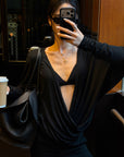 ROVENTE Deep V Draped Asymmetric Long Sleeve Ruched Wrap Top