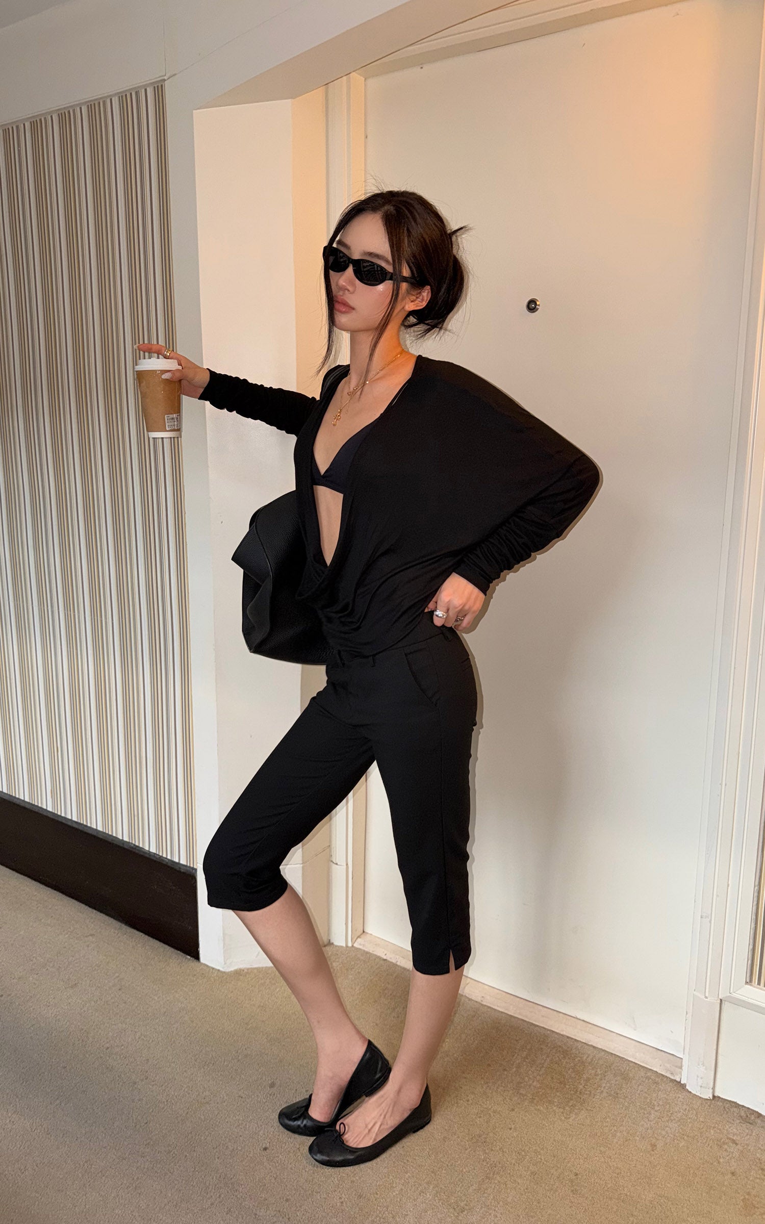 ROVENTE Deep V Draped Asymmetric Long Sleeve Ruched Wrap Top