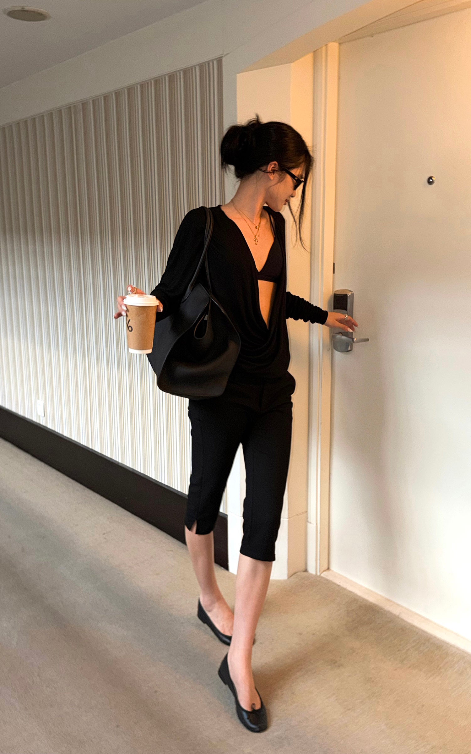 ROVENTE Deep V Draped Asymmetric Long Sleeve Ruched Wrap Top