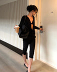 ROVENTE Deep V Draped Asymmetric Long Sleeve Ruched Wrap Top