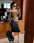 ROVENTE Leopard Print Off Shoulder Long Sleeve Top with Lace Trim and Slim Fit Silhouette