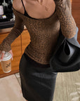 ROVENTE Leopard Print Off Shoulder Long Sleeve Top with Lace Trim and Slim Fit Silhouette