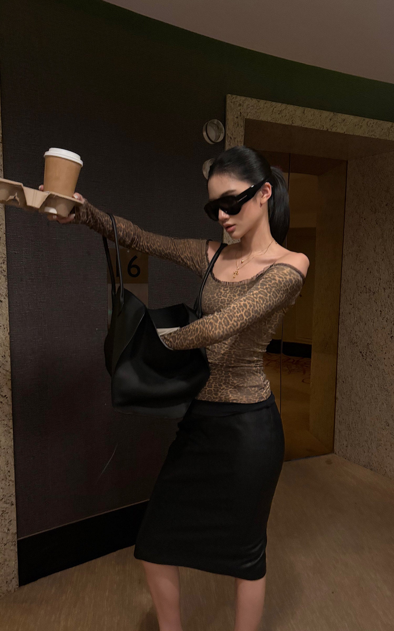 ROVENTE Leopard Print Off Shoulder Long Sleeve Top with Lace Trim and Slim Fit Silhouette