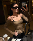 ROVENTE Leopard Print Off Shoulder Long Sleeve Top with Lace Trim and Slim Fit Silhouette