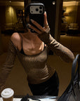 ROVENTE Leopard Print Off Shoulder Long Sleeve Top with Lace Trim and Slim Fit Silhouette