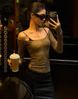 ROVENTE Leopard Print Off Shoulder Long Sleeve Top with Lace Trim and Slim Fit Silhouette