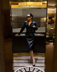ROVENTE Faux Leather Tailored Blazer & Pencil Skirt Set
