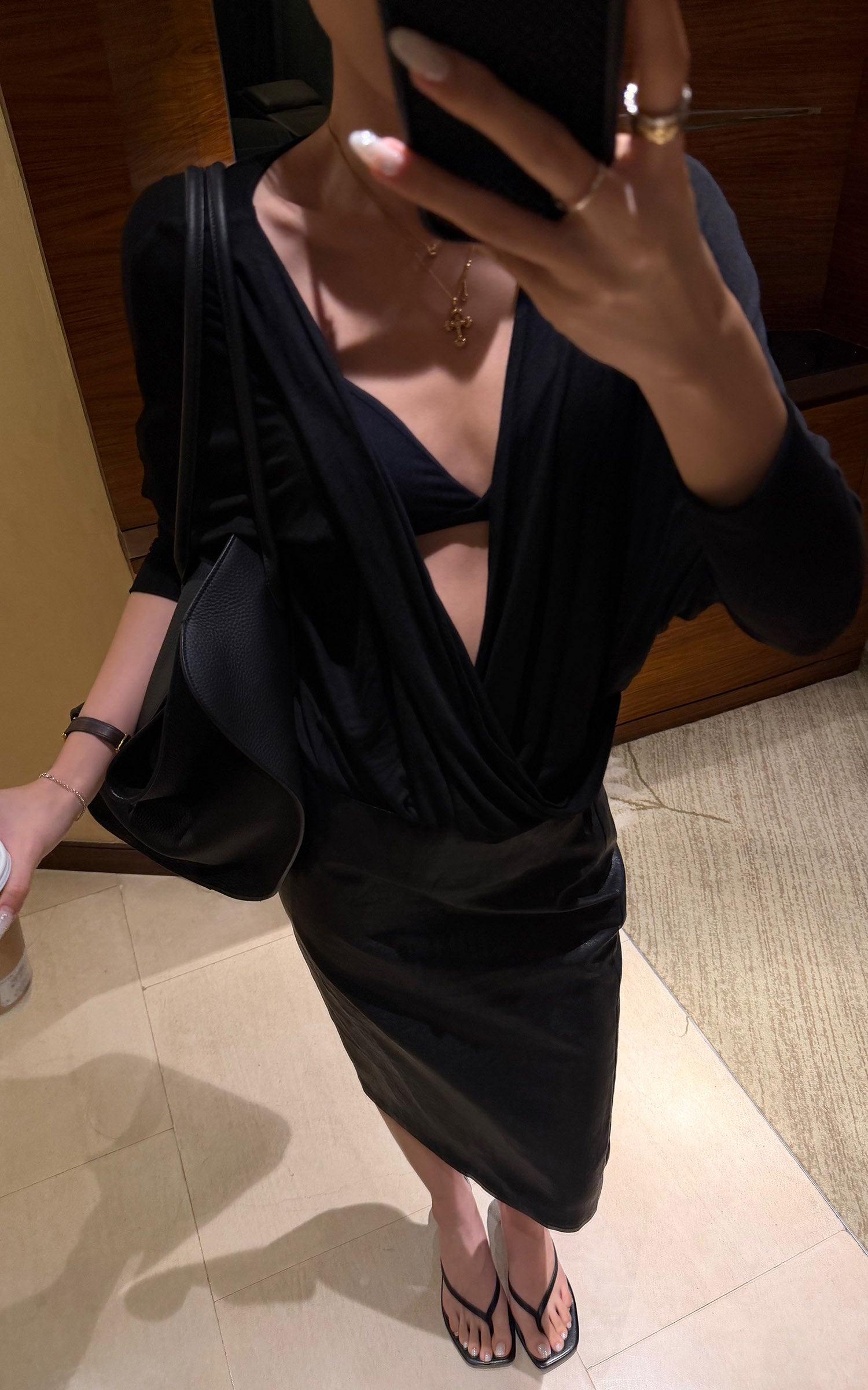 ROVENTE Deep V Draped Asymmetric Long Sleeve Ruched Wrap Top