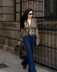 ROVENTE Leopard Chiffon Deep V Ruched Tie-Front Flared Blouse