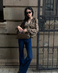 ROVENTE Leopard Chiffon Deep V Ruched Tie-Front Flared Blouse