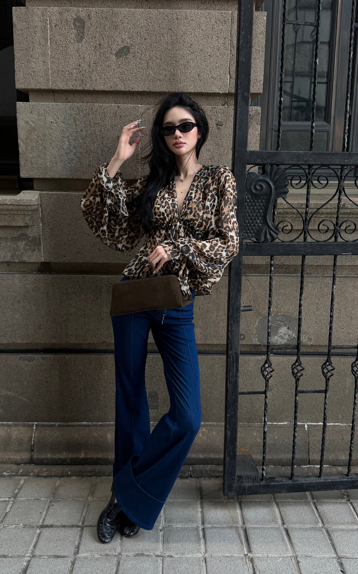 ROVENTE Leopard Chiffon Deep V Ruched Tie-Front Flared Blouse
