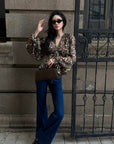 ROVENTE Leopard Chiffon Deep V Ruched Tie-Front Flared Blouse