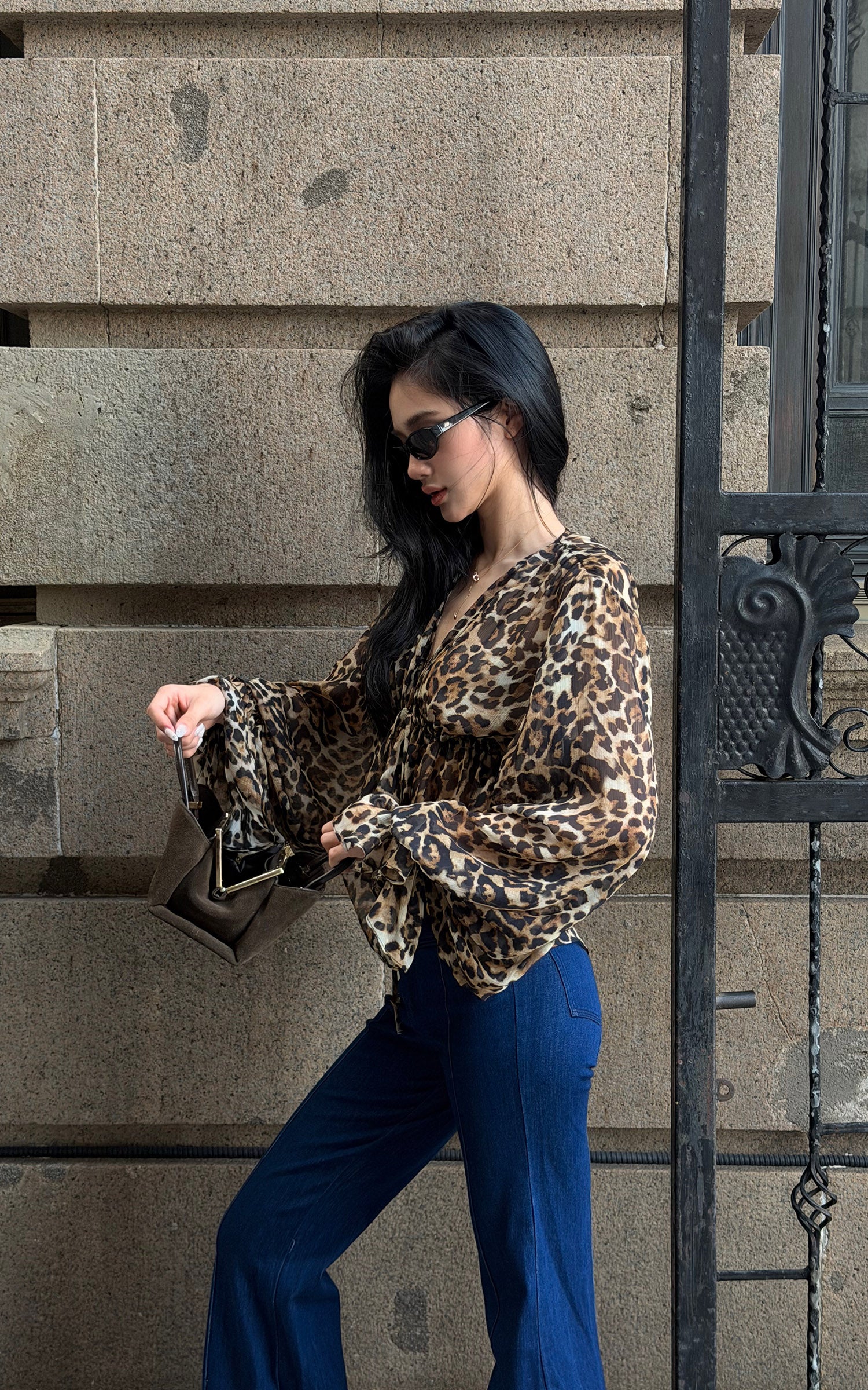 ROVENTE Leopard Chiffon Deep V Ruched Tie-Front Flared Blouse