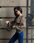 ROVENTE Leopard Chiffon Deep V Ruched Tie-Front Flared Blouse